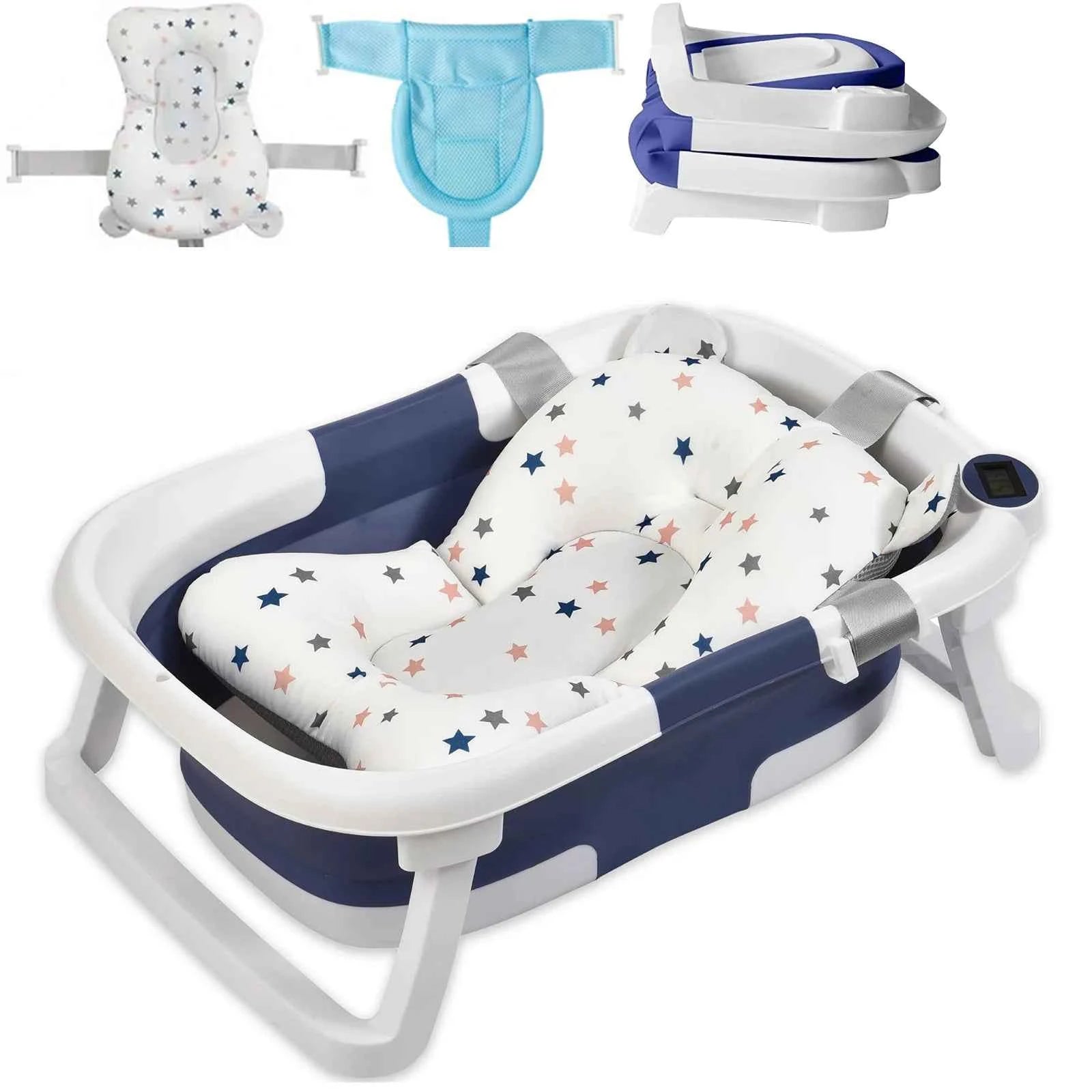Baby Bath Tub with Bath Cushion Foldable Bathtub with Thermometer Shower Cap Shower Brush for Newborn and Toddler 0-36 Months